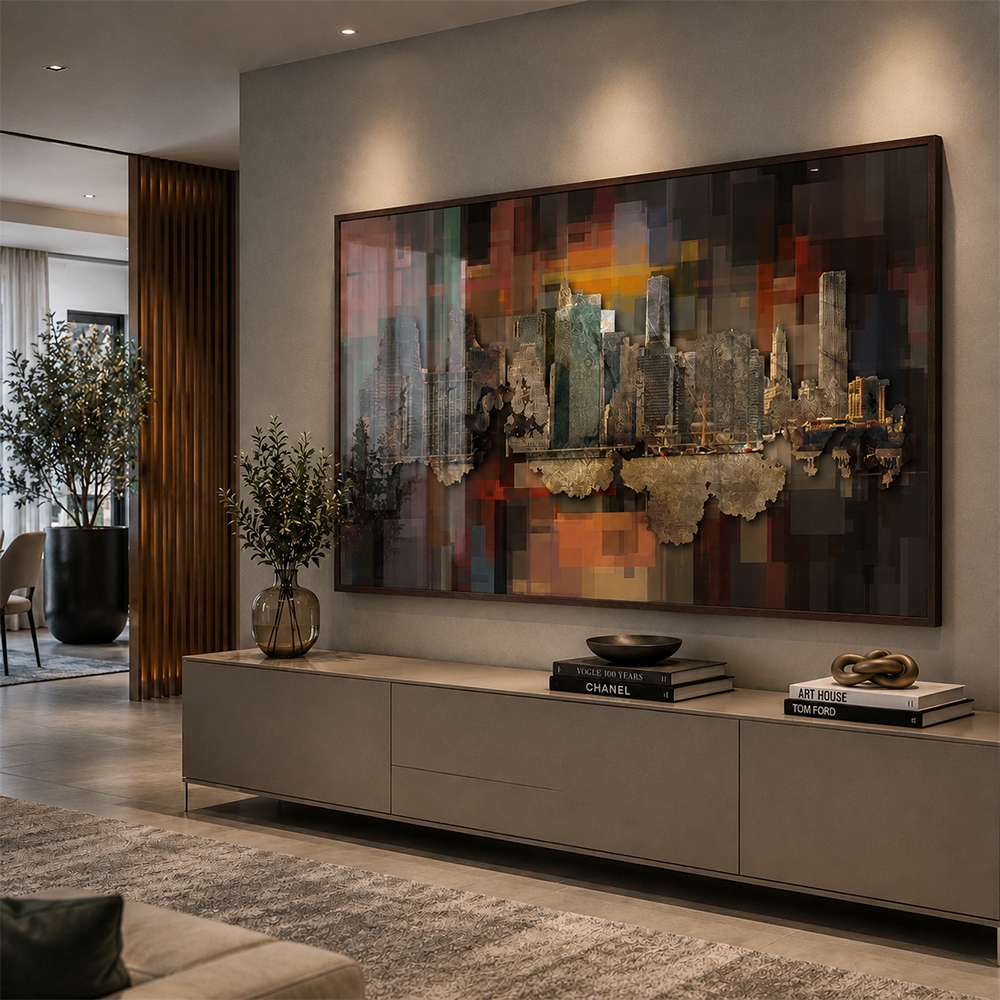 Quadro Decorativo Abstrato Cidade Com Moldura Com Ou Sem Vidro