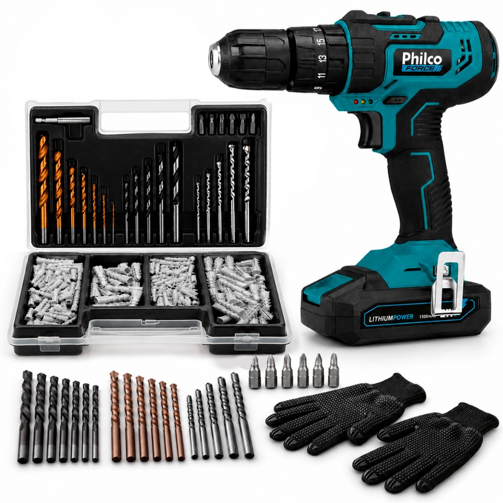 Kit Parafusadeira Furadeira De Impacto Philco PPF21M 21V 1500mAh Com Maleta 300 Pçs Brocas E Buchas
