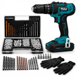 Kit Parafusadeira Furadeira De Impacto Philco PPF21M 21V 1500mAh Com Maleta 300 Pçs Brocas E Buchas