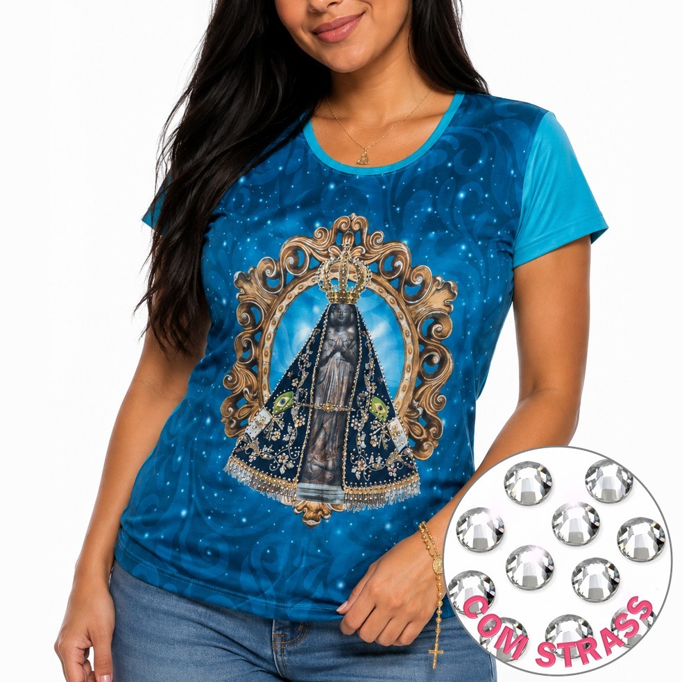 Blusa Camisa Camiseta Feminina Baby Look NOSSA SENHORA APARECIDA AZUL Religiosa Católica Brilho com Strass do M ao G3