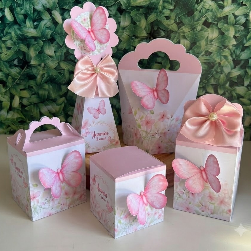 Kit Caixas 3D Jardim das Borboletas Rosa Lembrancinha Aniversário Caixinhas Festa Personalizadas
