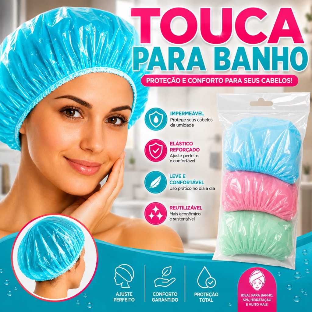 Kit 6 Toucas Para Banho Impermeável Plásticas Reutilizável Elástico Reforçado Proteção Capilar Resistente Hidratação