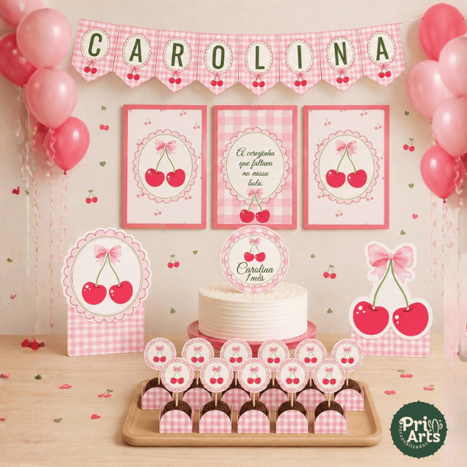 Kit festa Cerejinha - Cereja | Personalizado Bolinho Aniversário 70 itens Lembrancinha