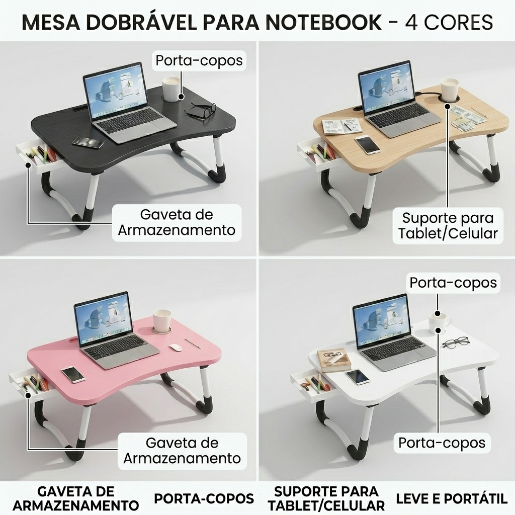 Mesa Portátil Dobrável Multifuncional C/ Gaveta - P/ Notebook Home Office Estudo Refeição Cama  Atividades Ao Ar Livre