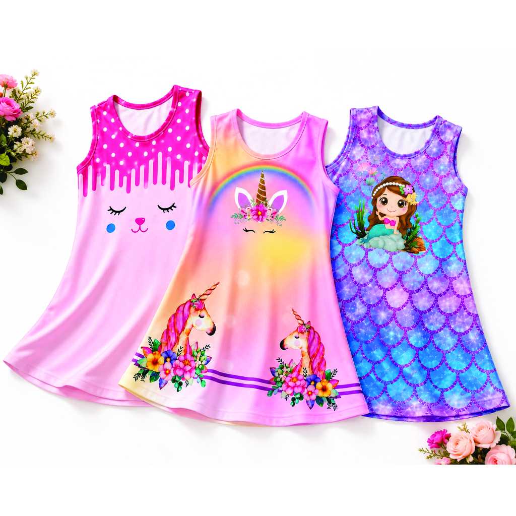 Kit com 3 Vestidos Infantil Estampados Menina Verão Confortavél 2 A 14 ANOS