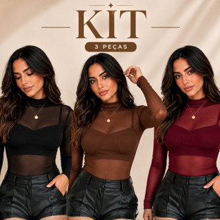 Kit 3 Bodies Femininos de Tule Transparente Manga Longa Gola Alta Preto Marrom e Marsala
