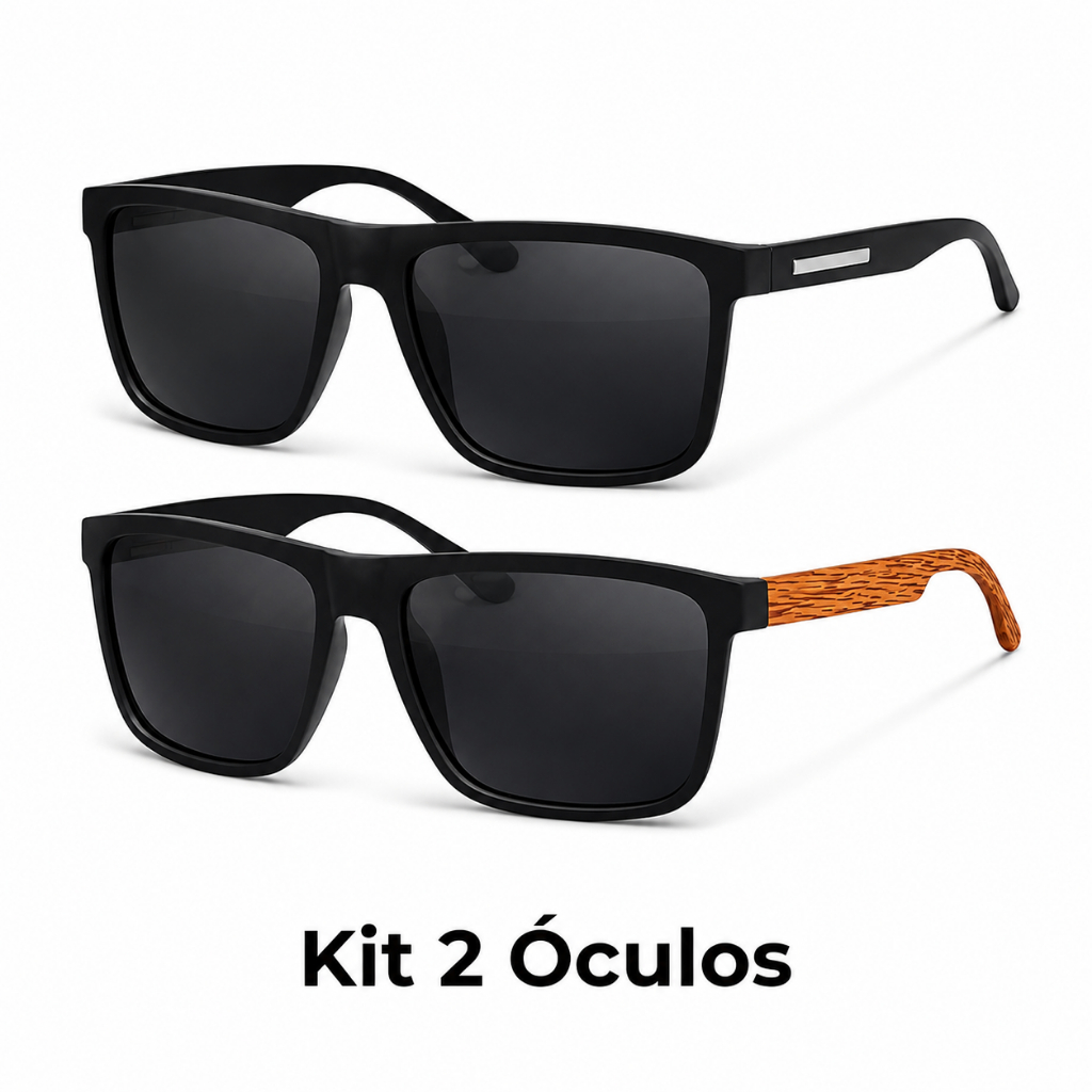 Kit 2 Óculos de Sol Preto Quadrado Madeira  Estiloso Masculino Feminino UV400  2026