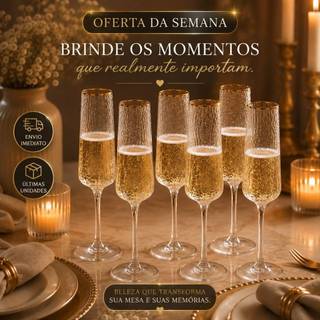 Jogo 6 Taças Champanhe Cristal Premium Fio de Ouro 300ml Lyor Kit Luxo Taças Elegantes para Momentos Especiais