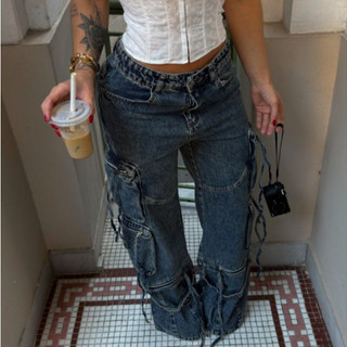 Calça Cargo Wide Leg Jeans Estonada Lavado Dirty Feminina com Bolsos - marca Glitter Jeans