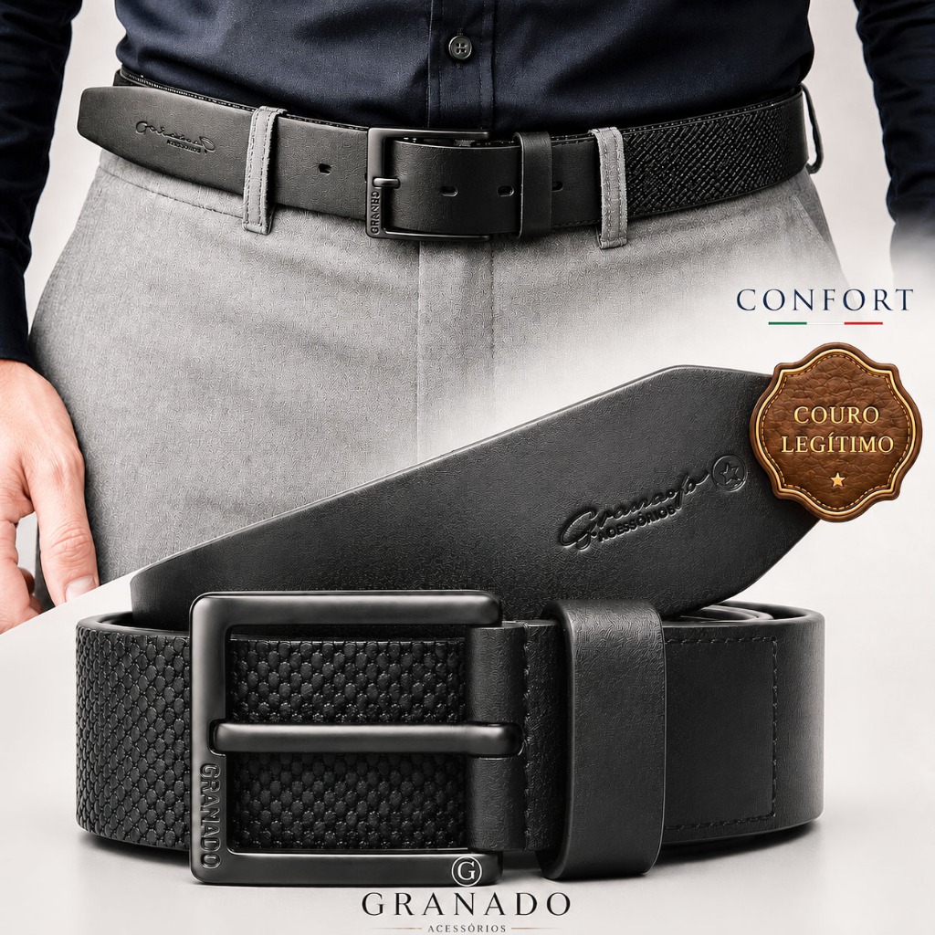 Cinto Masculino Elástico Couro Legítimo Casual Premium Granado