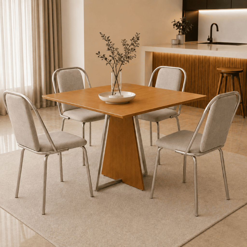 Conjunto Mesa com 4 Cadeiras Sala de Jantar Estofado Madeira Cozinha Moderno - Blue Moby