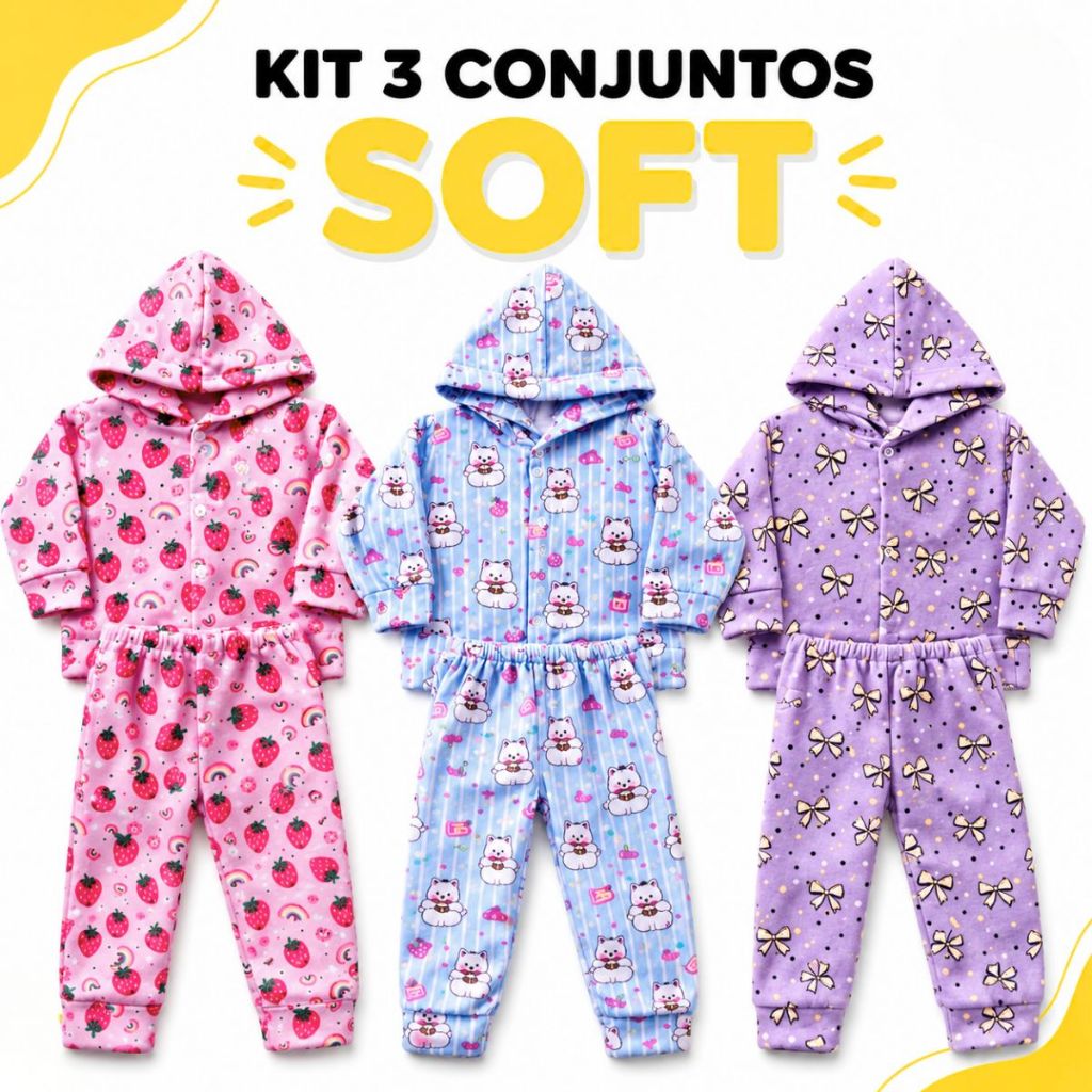 Kit 3 Conjuntos Infantil Soft Menina Inverno Soft Bebê Com Capuz Estampado Peluciado Frio - 3 Conjuntos