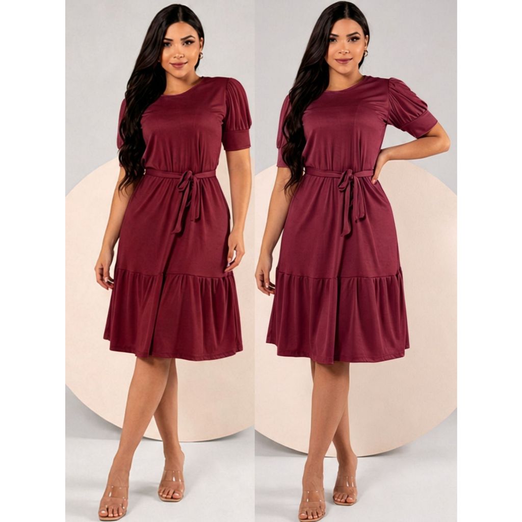 Vestido Feminino Midi Azul Manga Bufante com Faixa e Babado Moda Evangélica