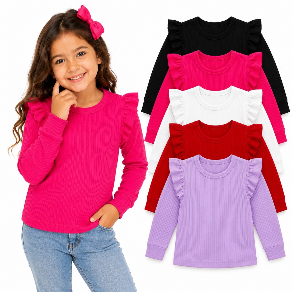 Kit 3 Blusas Infantil Canelada Manga Longa Babado Menina Inverno Envio de cores sortidas