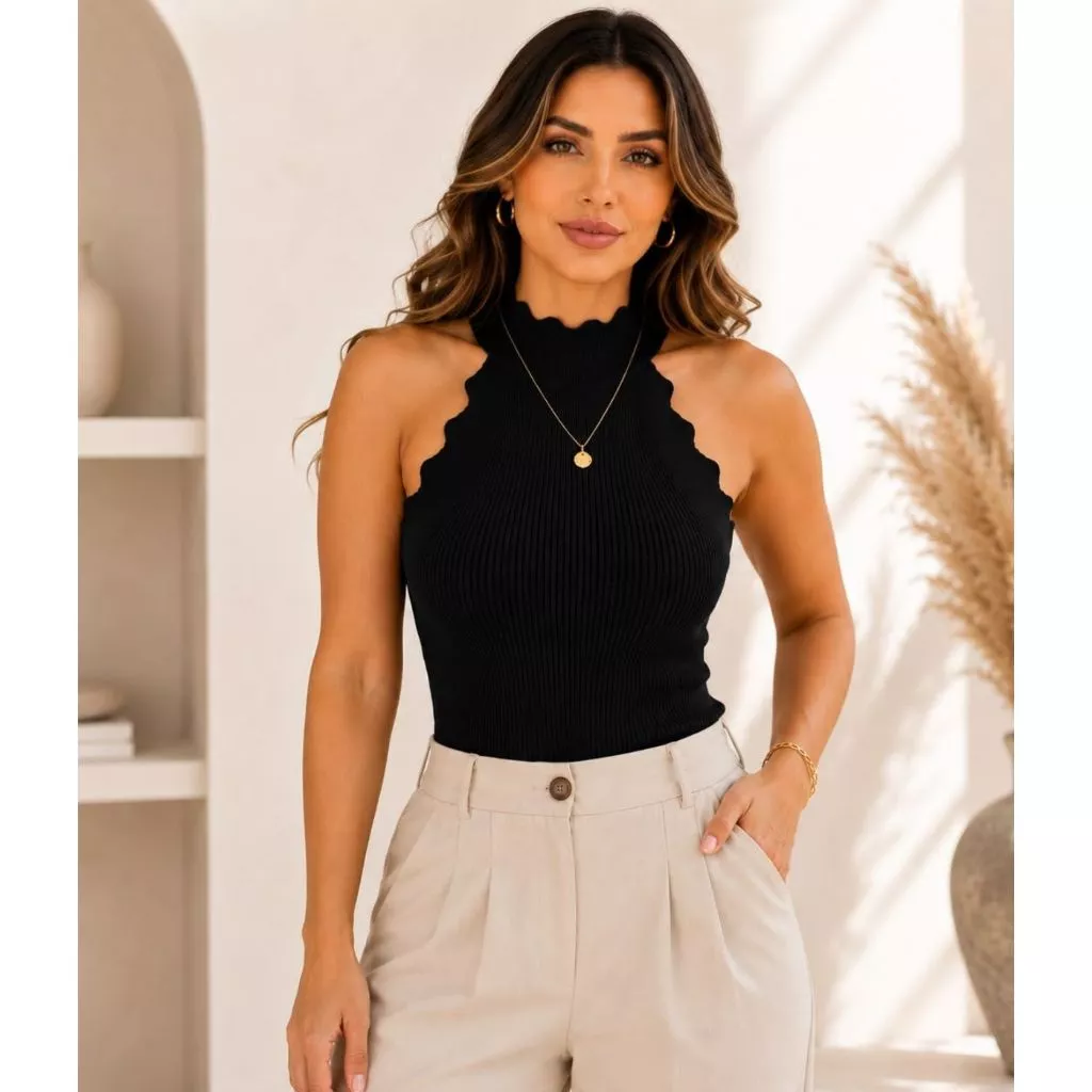 Blusa Modal Feminina Gola Alta Regata Recorte Ondulado Elegante Premium