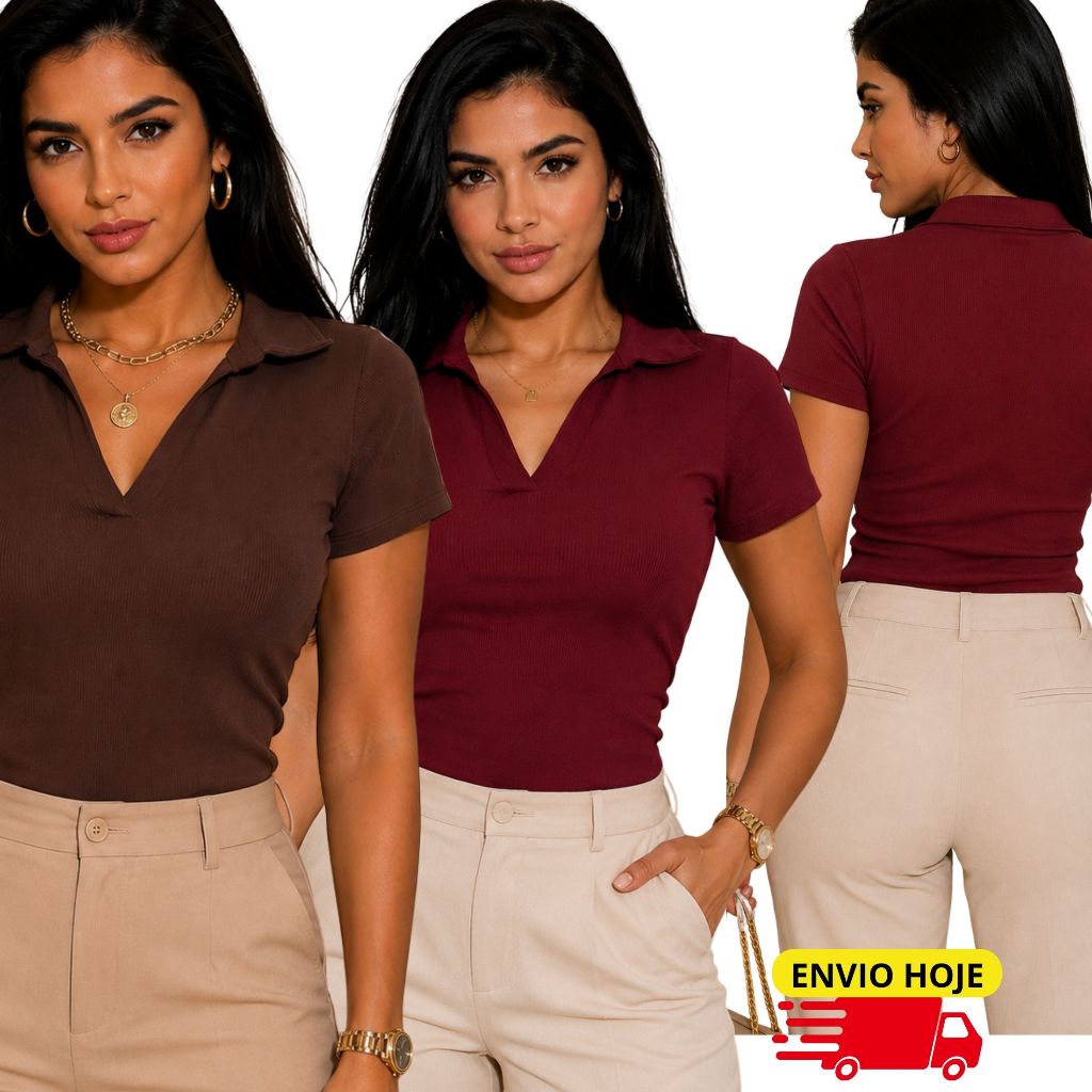 Blusa Polo Feminina Ribana Canelada Que Modela O Corpo P M G GG