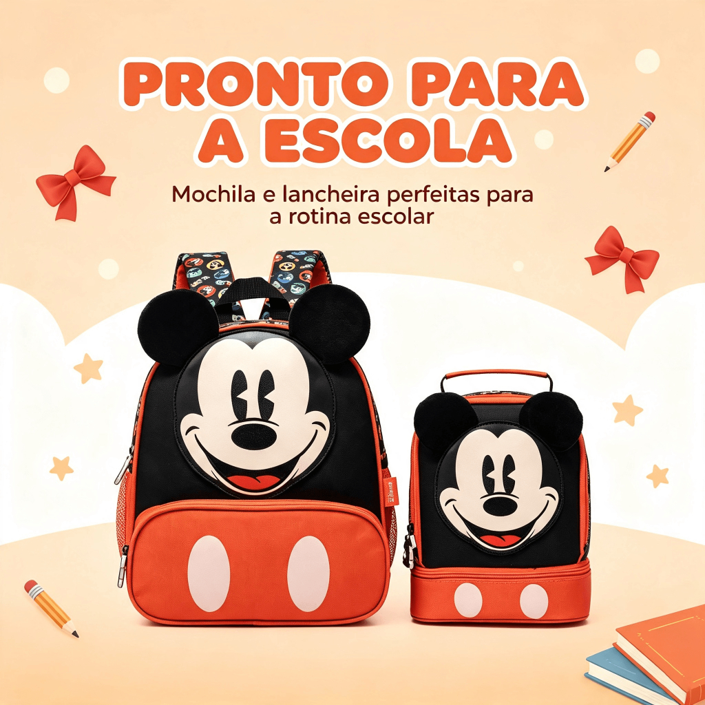 Kit Mochila Costas Mickey Pré Escolar Infantil Lancheira Térmica