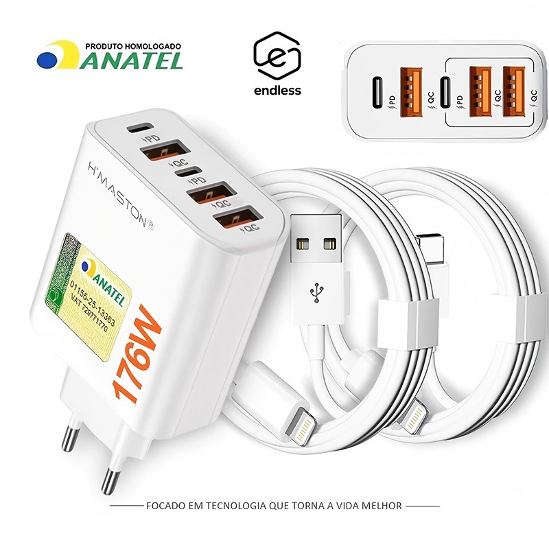 Fonte De Energia Carregador Turbo USB-A+USB-C (5 ports) com lightning Cabo Carregamento rápido 176W