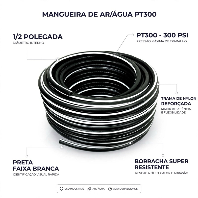 MANGUEIRA JARDIM 1/2 REFORÇADA AR/AGUA PT 300 PSI - ANTI TORÇÃO