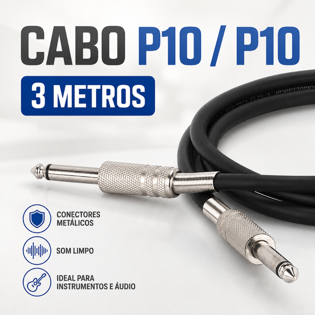 Cabo P10 3 Metros Para Violão e Guitarra Blindado Profissional Reforçado Blindado