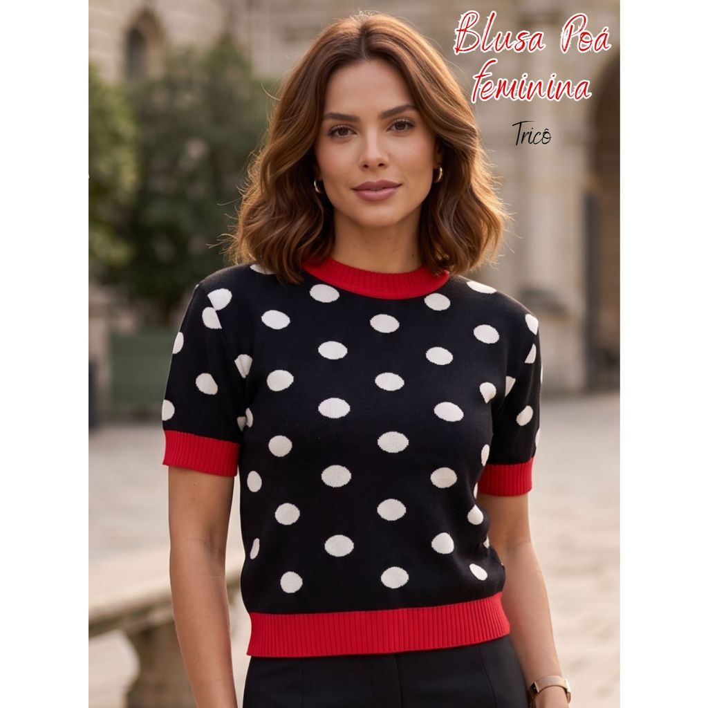 Blusa Feminina Tricô Poá Manga Curta Gola Redonda Canelada Estampada Modal Casual Elegante Tricot Premium Meia Estação