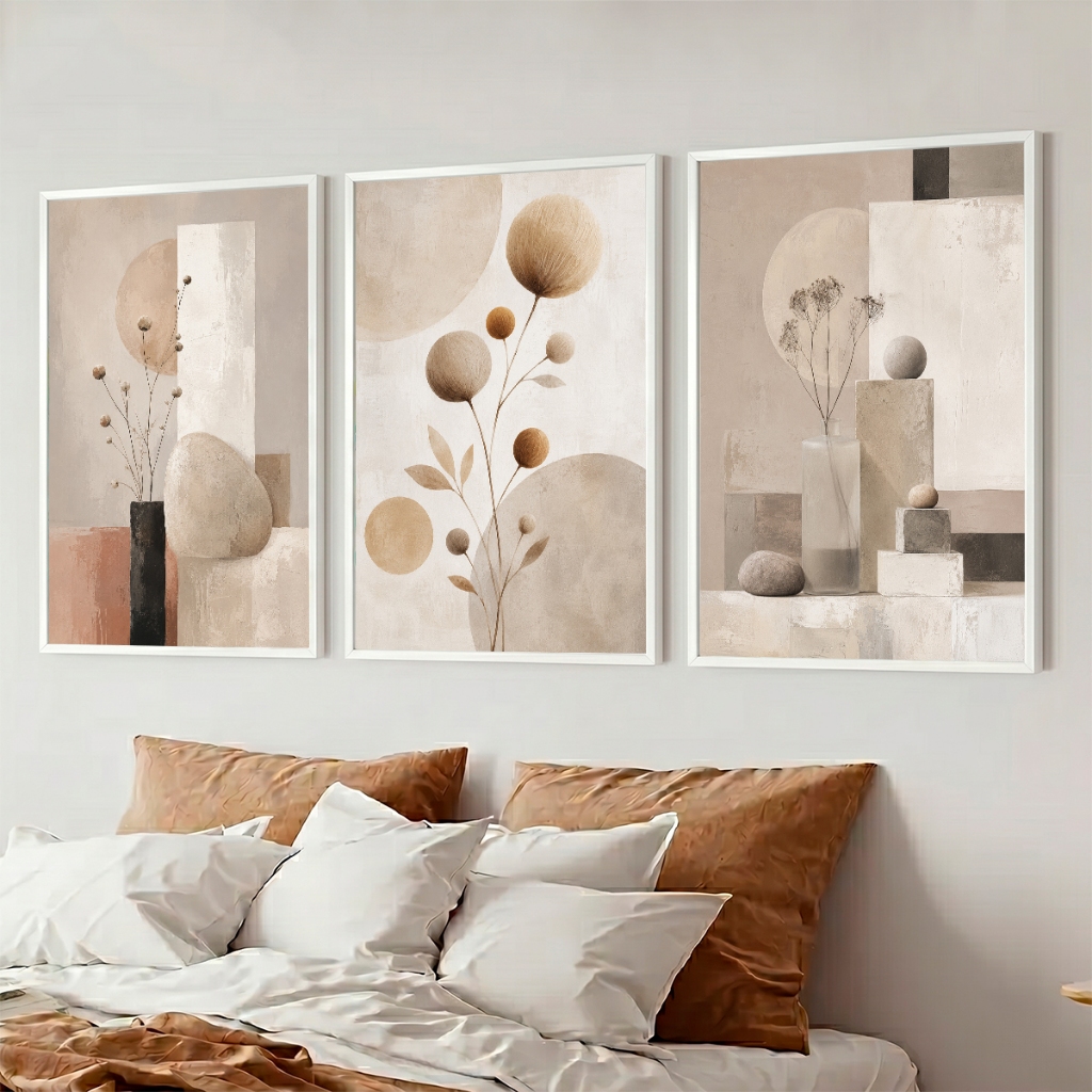 Kit 3 Quadros Modernos Abstratos Bege Botânico Minimalista com Moldura Sala Quarto