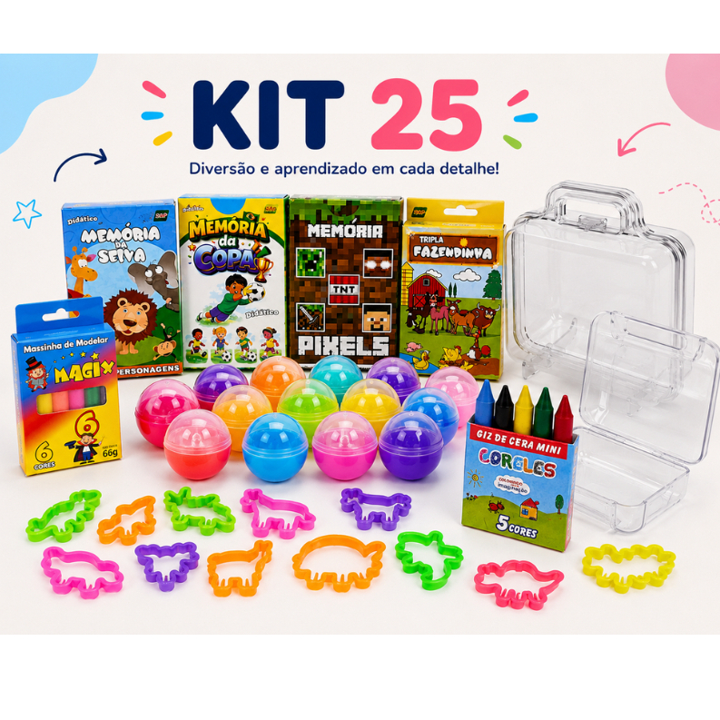 25 Maletinha Acrilica + 25 Cortador+ 25 De Massinha De Modelar + 25 Geleca Slime