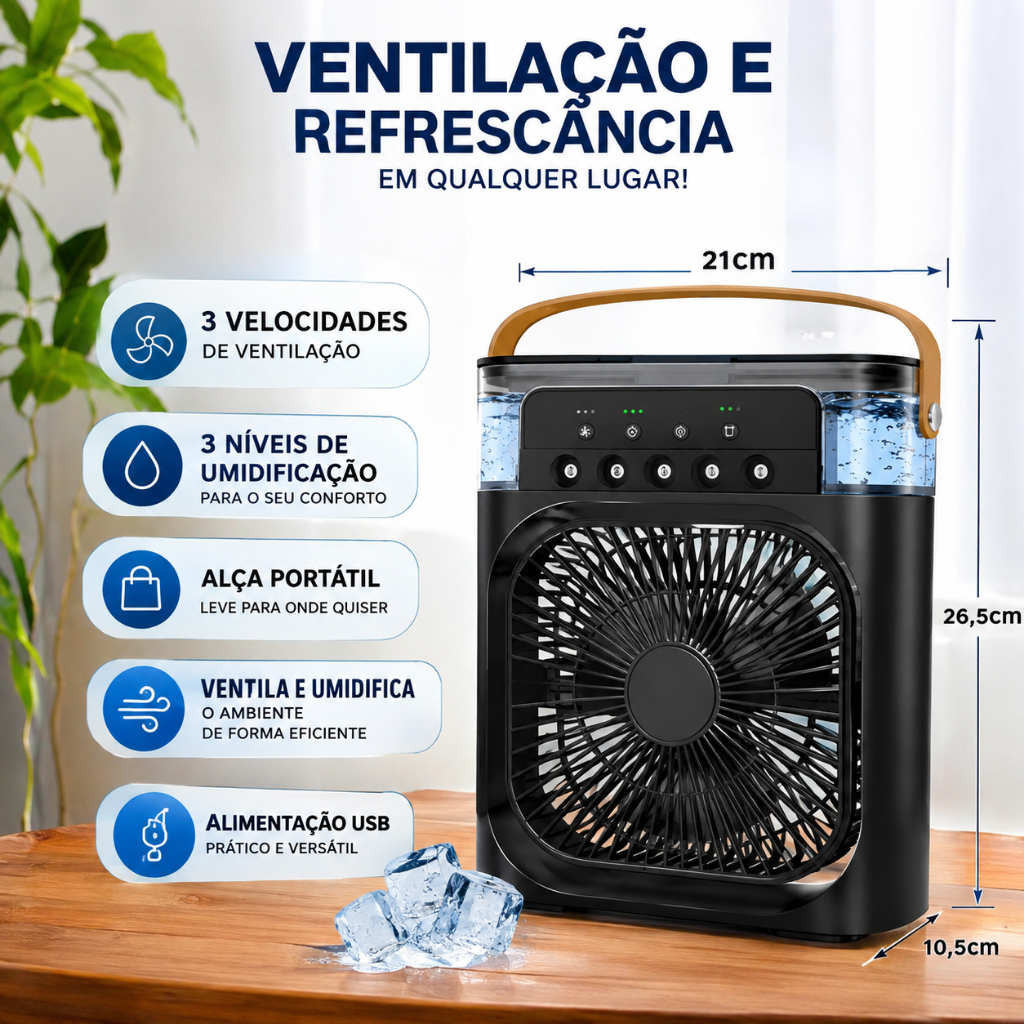 Ventilador Portátil 2 em 1 com Umidificador 3 Velocidades Recarregável