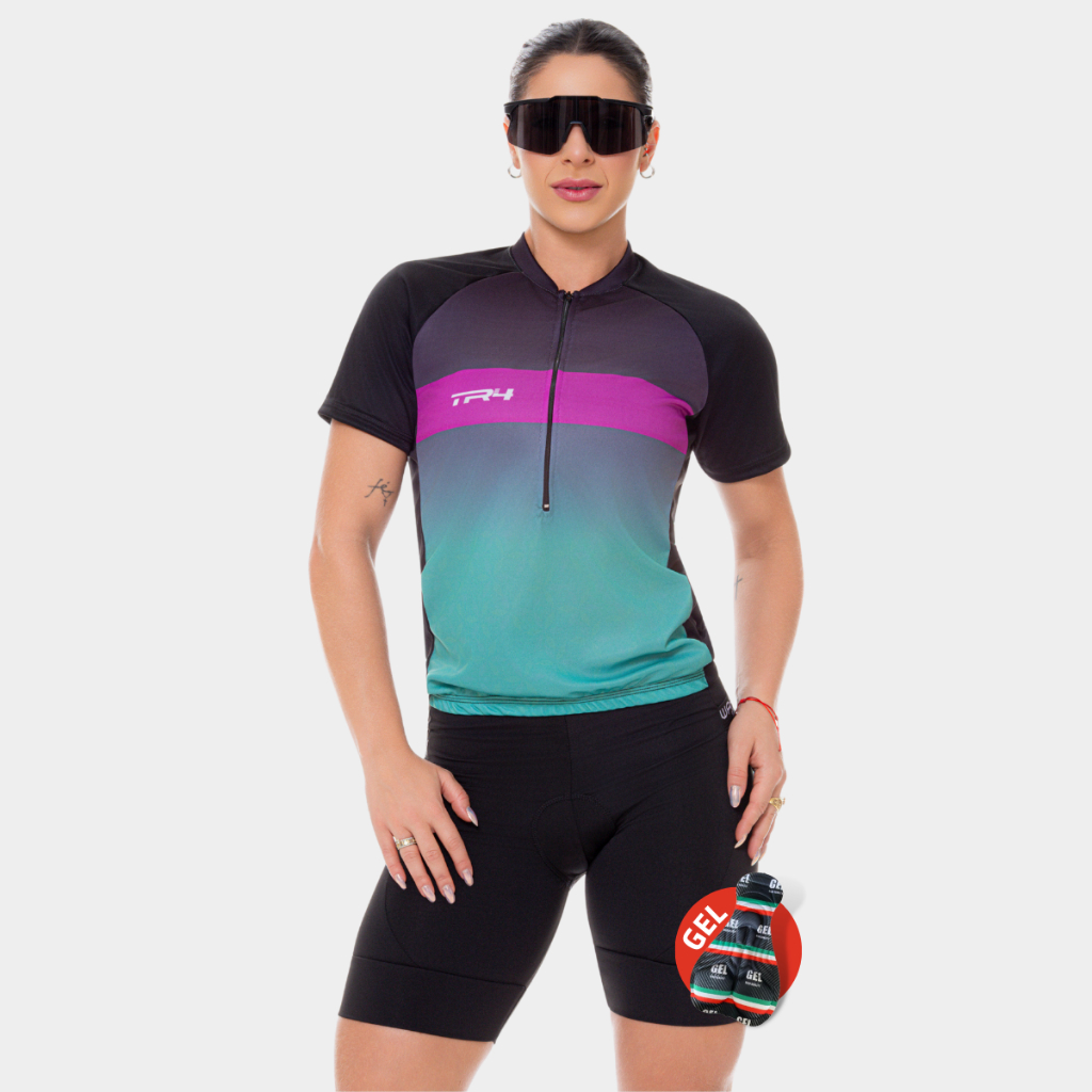 Conjunto de Ciclismo Feminino Camisa Fúcsia e Bermuda Gel Roupa de Pedal Slim