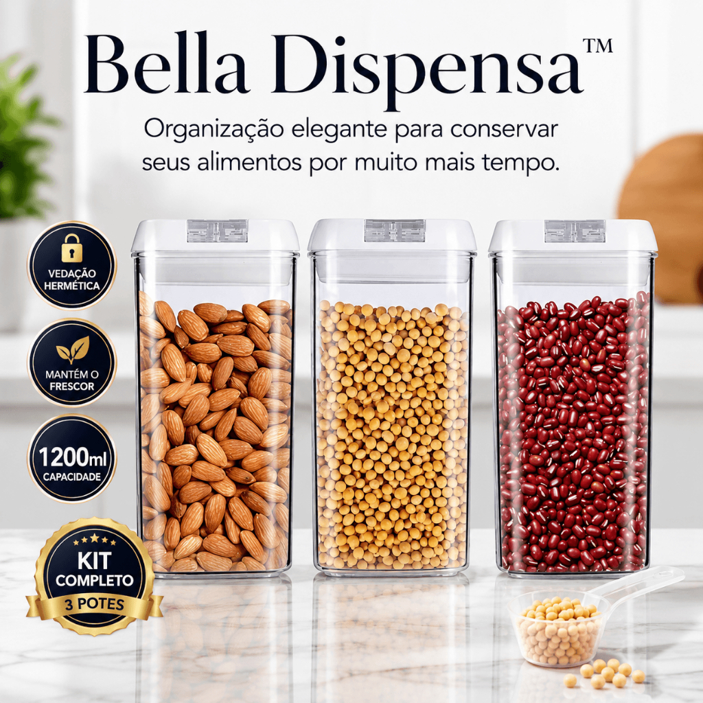Kit 3 Potes Herméticos 1200ml Organizador de Mantimentos Cozinha Transparente com Vedação Hermética, 6 Colheres Medidora