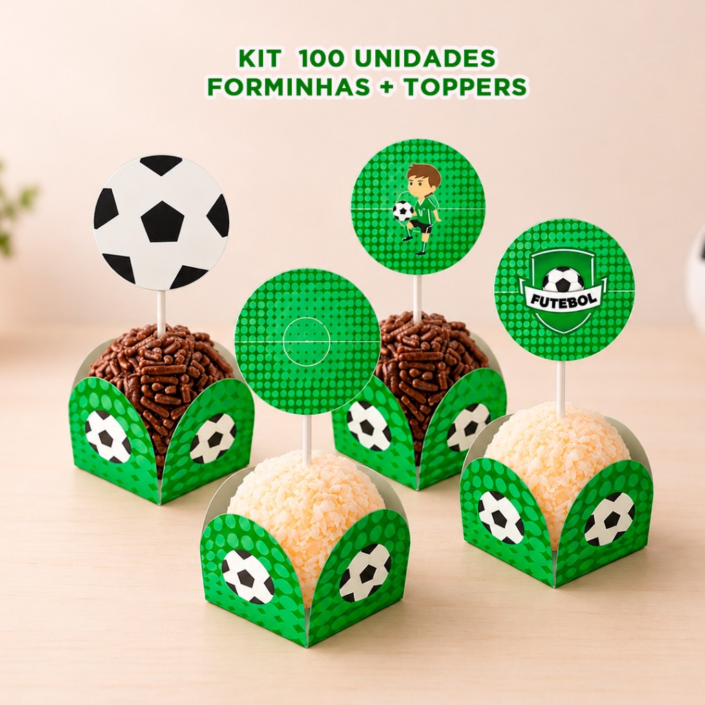 Kit 100 Forminhas  Futebol verde com Toppers Decorativos – Aniversário infantill menino