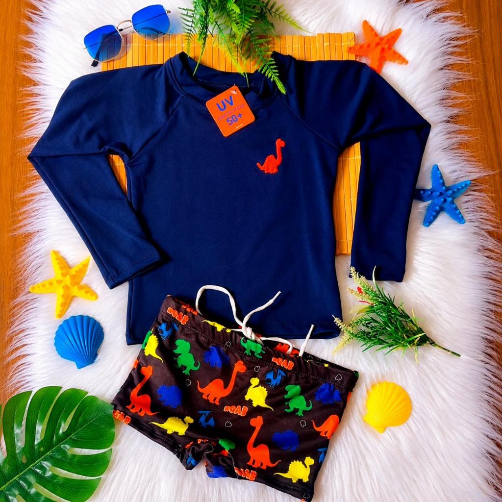 Conjunto Praia Infantil UV50+ Blusa Proteção Térmica Mais  Sunga Menino Roupa de Banho 1 a 10 anos