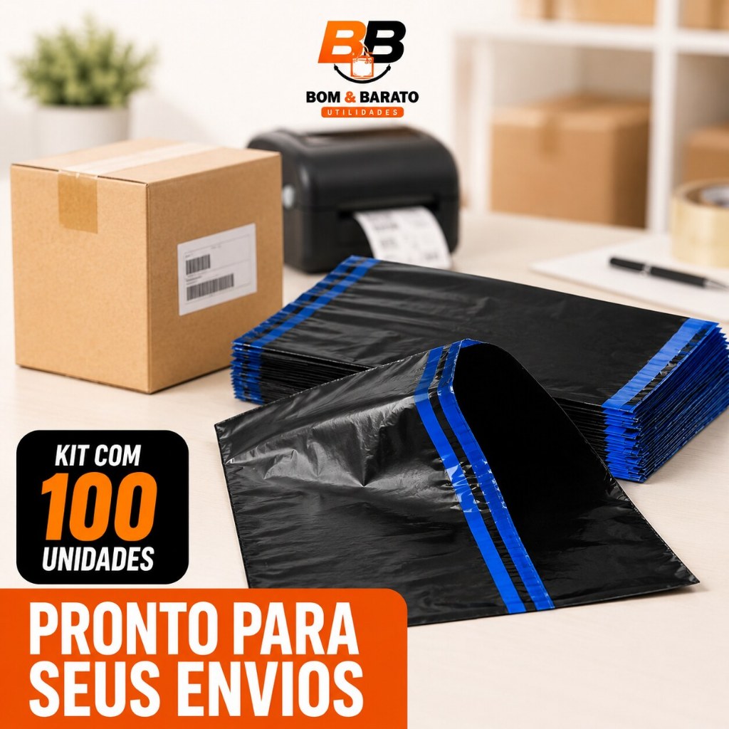 Kit 100 Saquinhos Para Envio Ecommerce Preto Lacre Segurança Impermeável