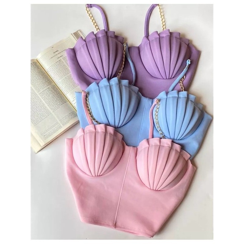 Cropped Neoprene com Bojo Sereia Concha Alca Corrente