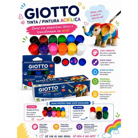Kit Tinta Acrílica Fosca Giotto 6/12 Cores 15ml | Artesanato Madeira MDF