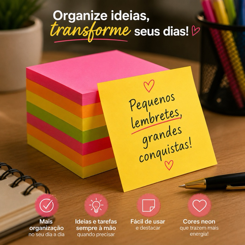 Bloco de Notas Adesivas Auto Colante Opções com 100/200/400/500 folhas  7,6x7,6 cm- Lembrete de papel auto-adesivo