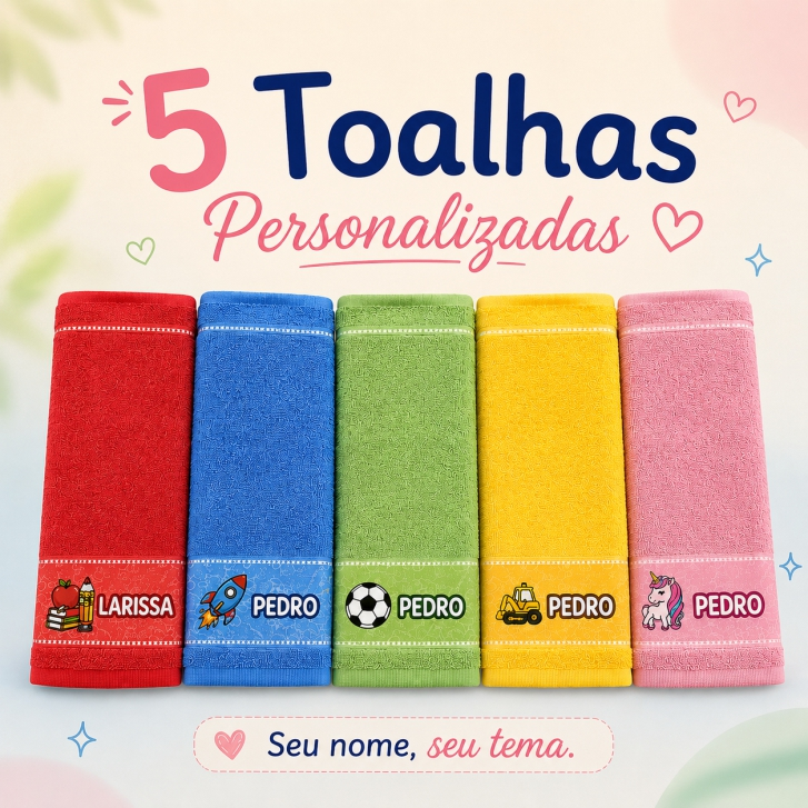 kit 5 Toalhas de boca Personalizadas com Nome e Tema