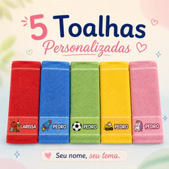 Kit 5 Toalhas de Boca Personalizadas com Nome e Tema Infantil Escolar