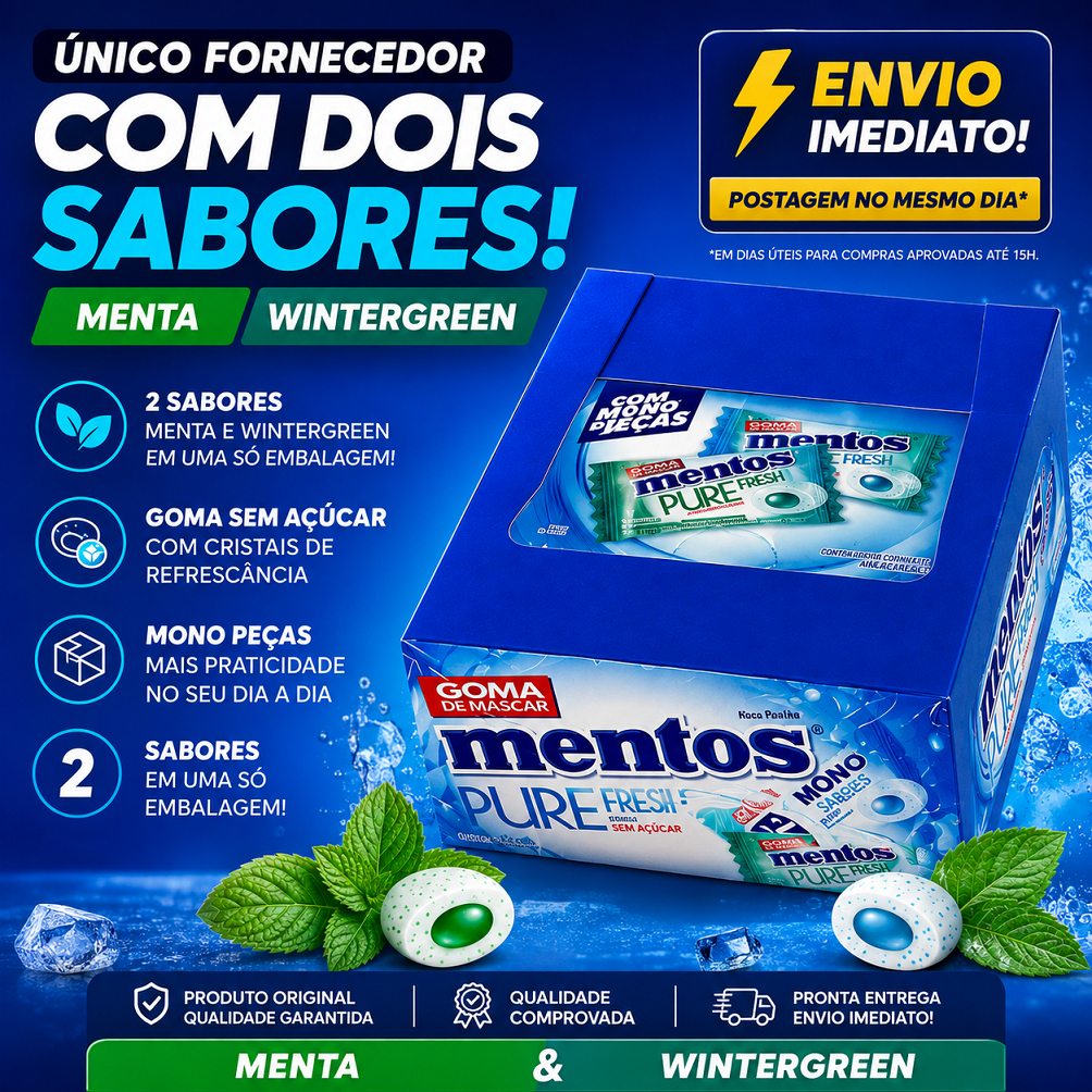 Kit Caixas Chiclete Mentos Refrescante Pure Fresh Menta e WinterGrenn Com 60 e 120 Peças 2 Sabores