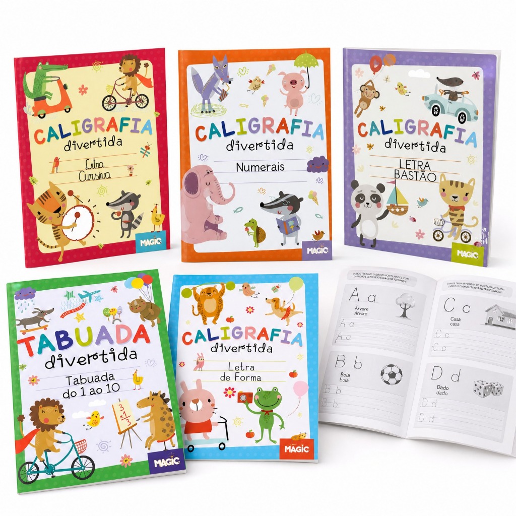 Kit 5 Livros Caligrafia Divertida Infantil Apoio Escolar Letras e Tabuada