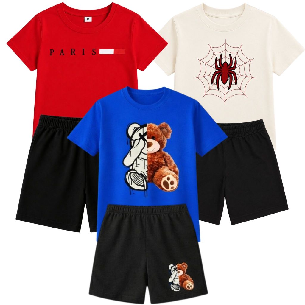 Kit 3 Conjunto Sortido Infantil Masculino Manga Curta Estampa de Alta Qualidade Confortável Simples