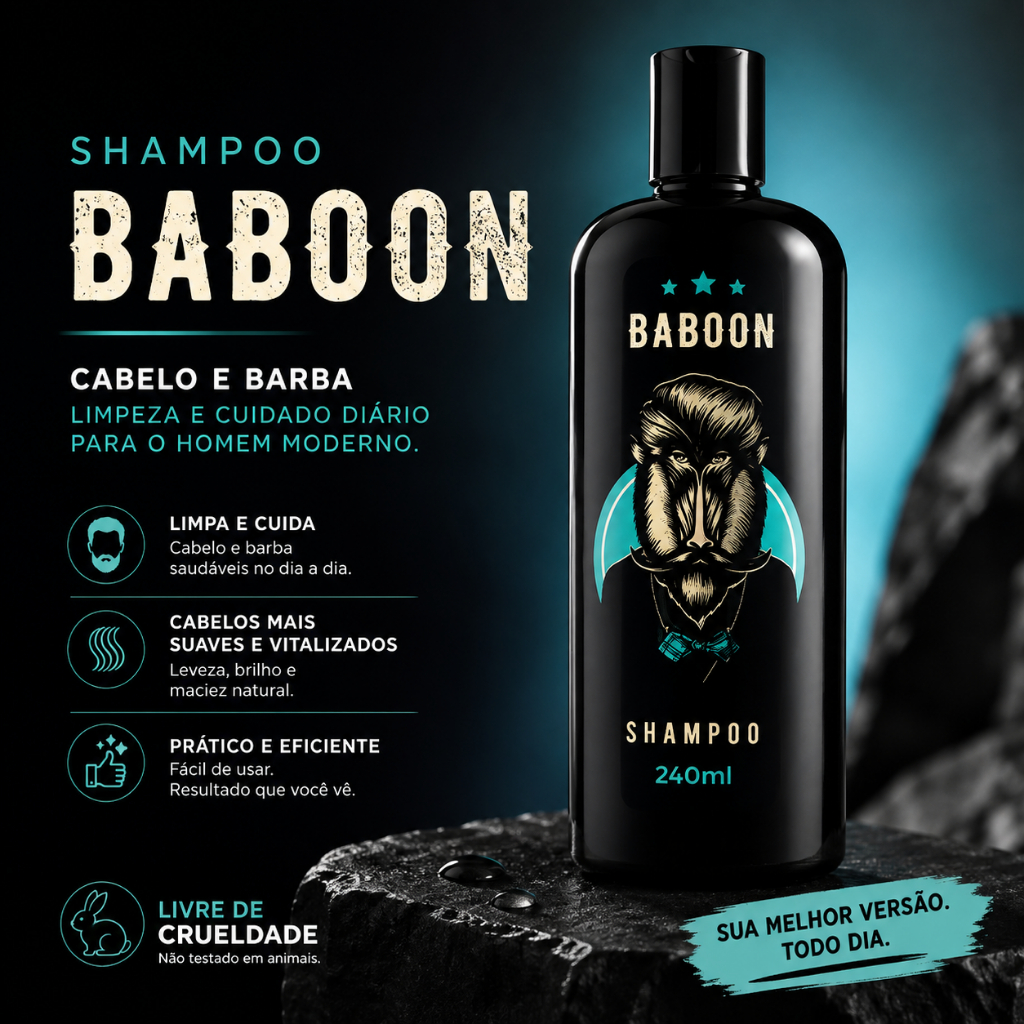 Shampoo Masculino Baboon 240ml para Cabelo e Barba Uso Diário