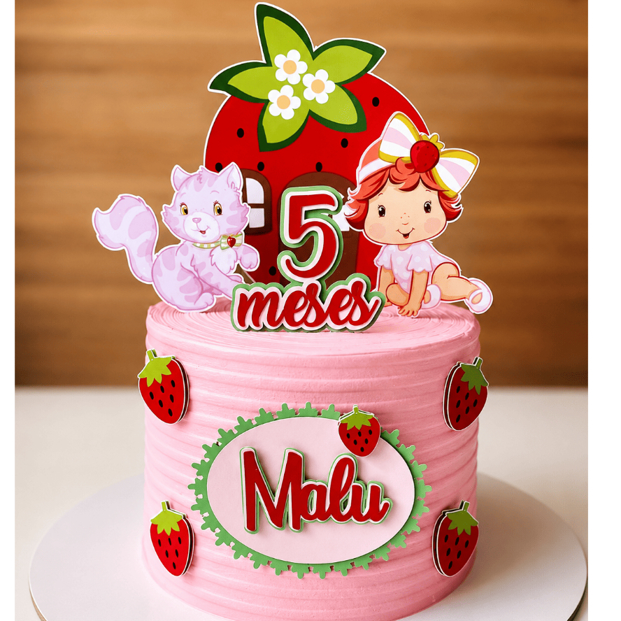 Topo de Bolo Moranguinho Baby Personalizado Nome e Idade Aniversário Infantil Mesversário Festa Menina