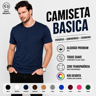 Camiseta Lisa Masculina 100% Algodão Azul Marinho Básica Slim Confortável Manga Curta