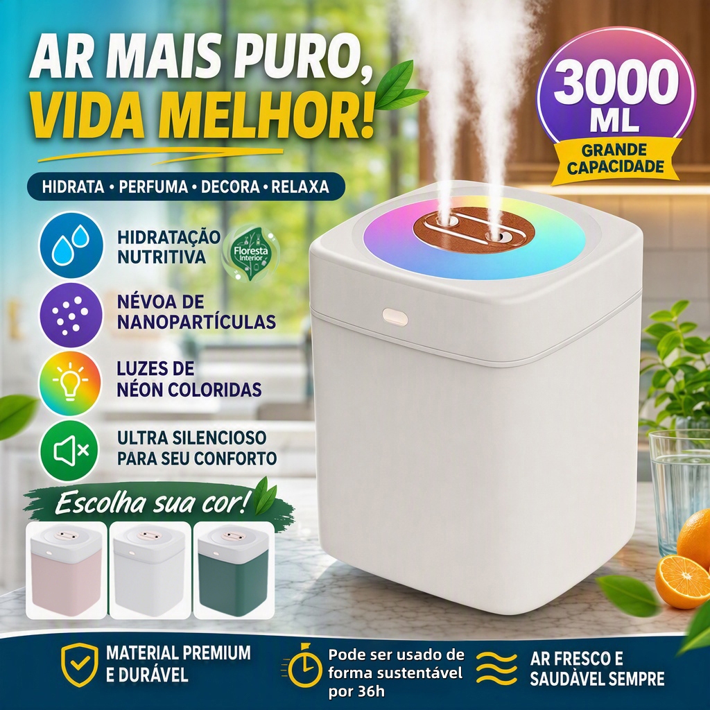 Umidificador Grande 3 Litros Saída Dupla Luzes LED's Coloridas Silencioso Aromatizador 3000ML