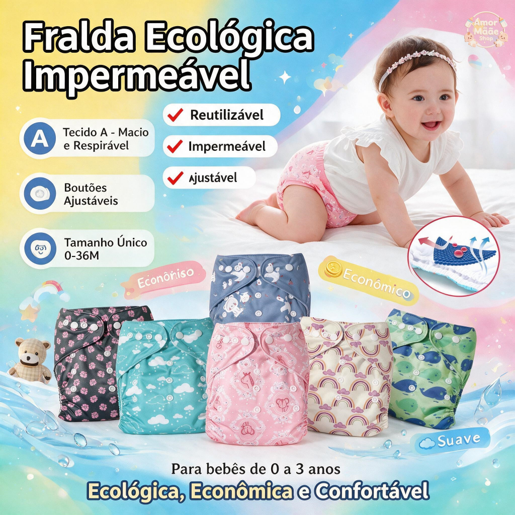 Fralda Ecológica Reutilizável Ajustável para Bebês