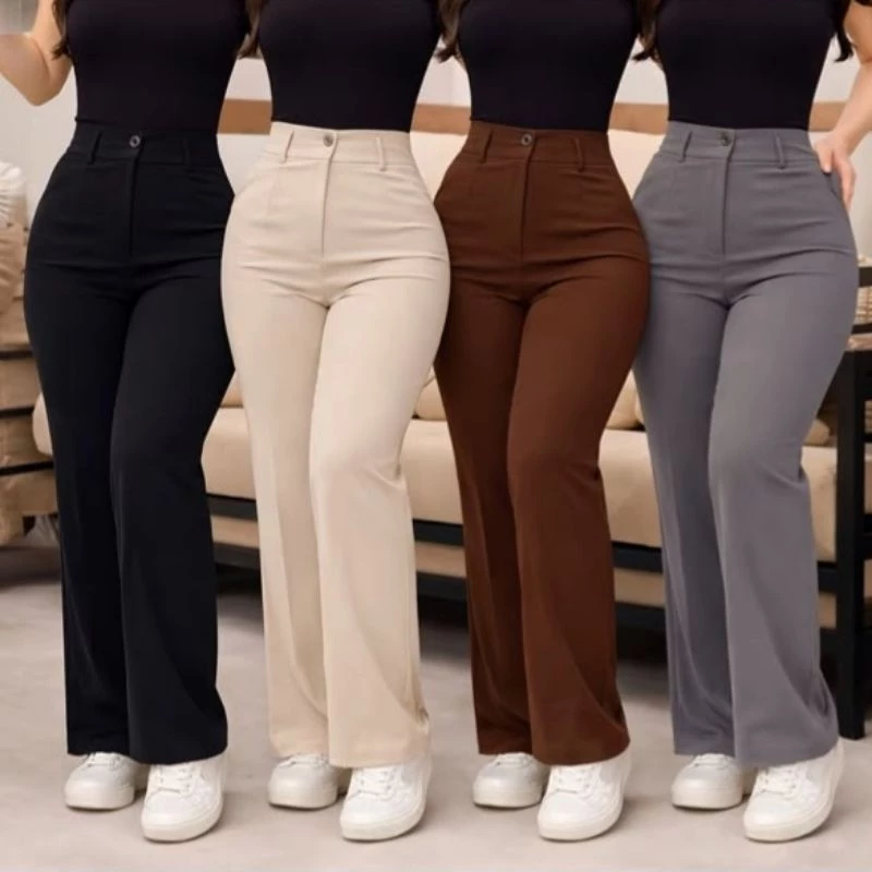Calça Feminina Wide Leg Pantalona Alfaiataria Cintura Alta Zíper Lateral Botão Bolsos Laterais Social — imagem 1