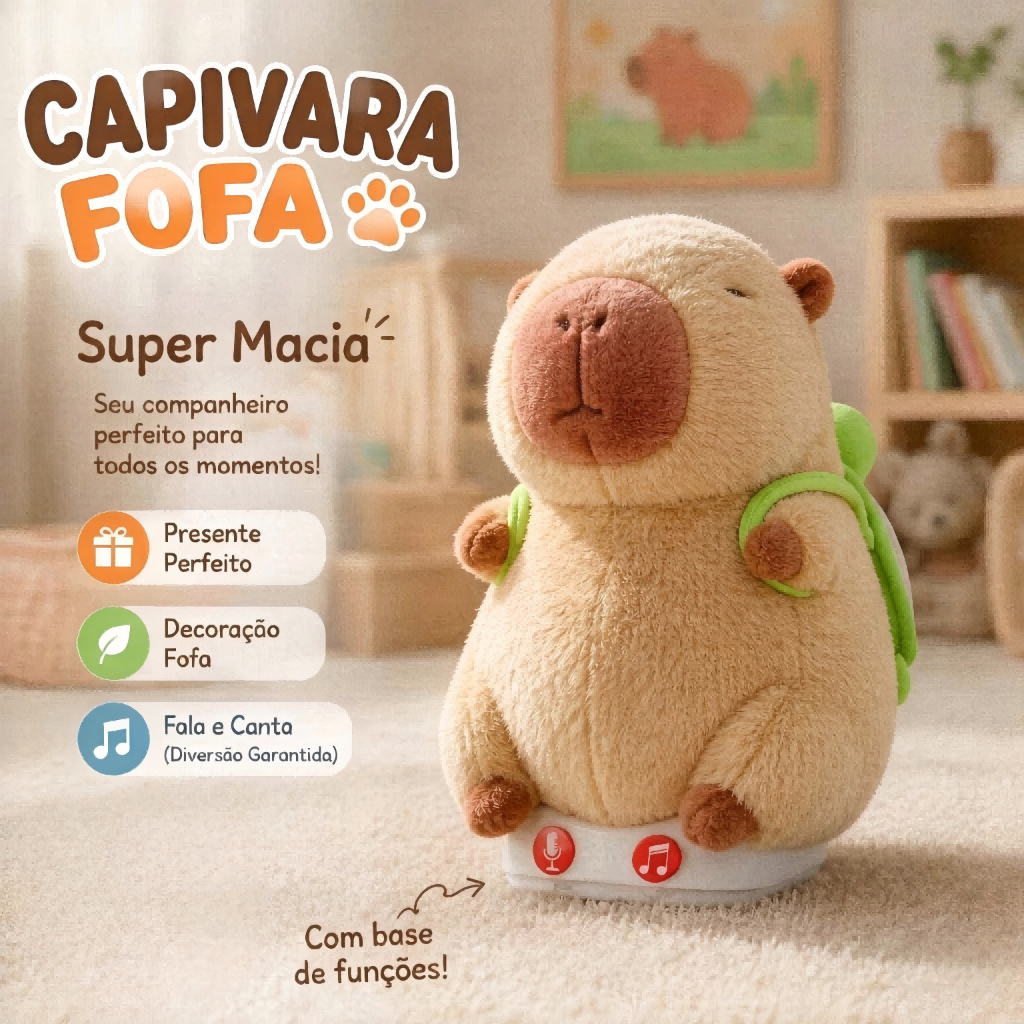 Capivara de Pelúcia Elétrica com Mochila de Tartaruga - 18cm - Canta, Fala e Repete o que você diz