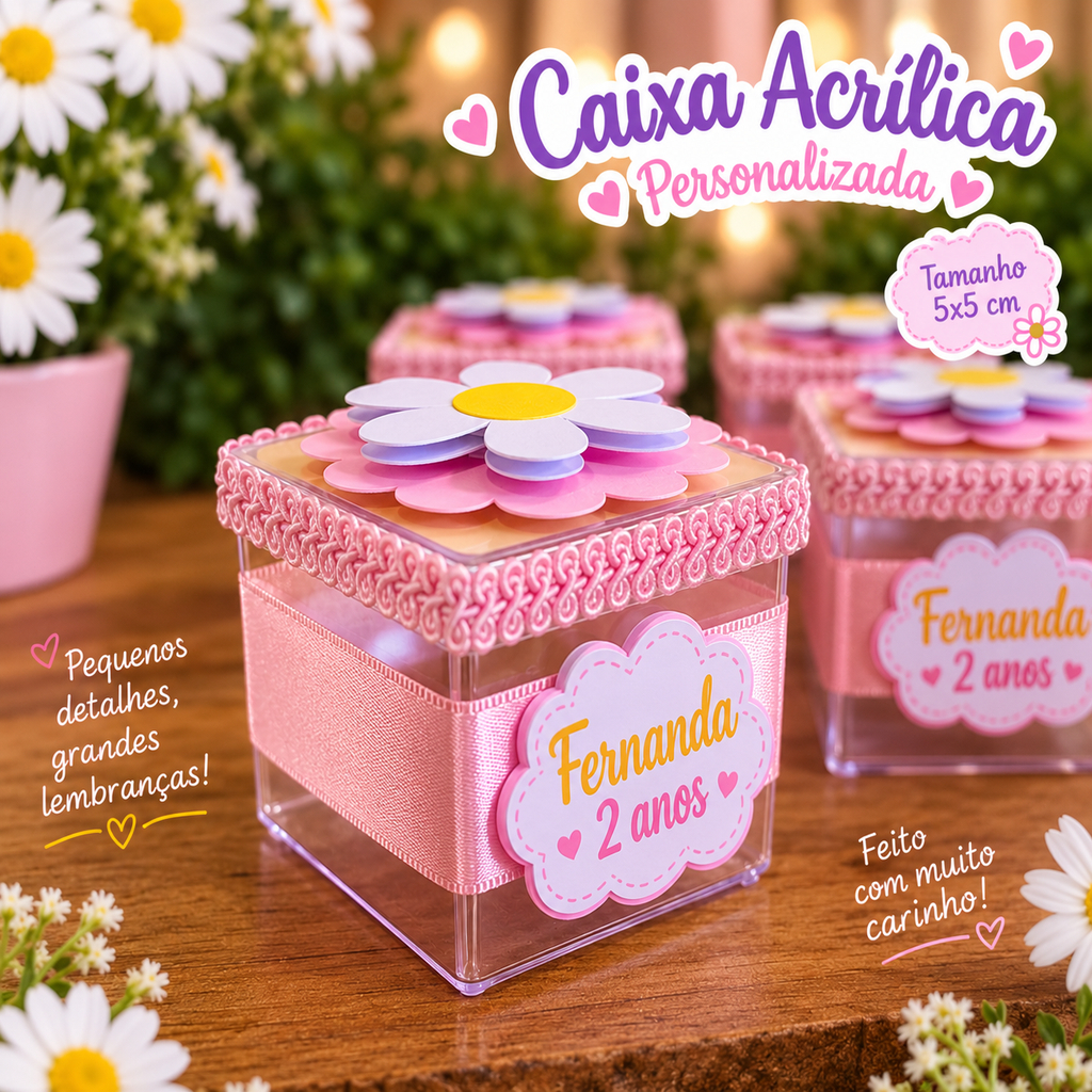 Kit 10 Caixas Acrílica 5x5 Margarida Lembrancinha Personalizada Luxo | Festa Infantil | Caixinhas Margaridas