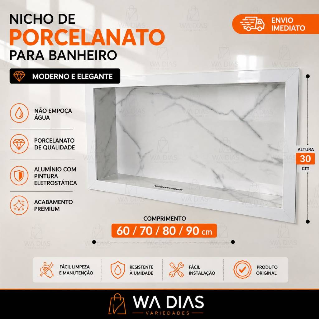 Nicho de Embutir em Porcelanato Carrara com Borda em Aluminio Branca ou Preta